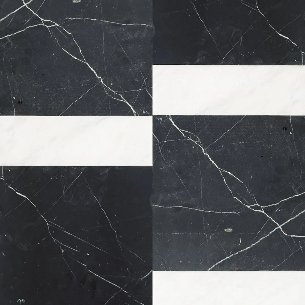 Black and white marble tile pattern of Bari in Nero Marquina and Carrara White set