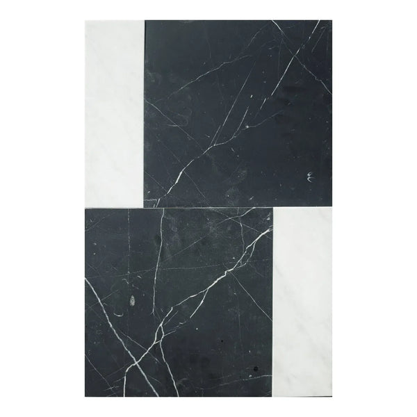 Black and white marble tiles from Bari in Nero Marquina 12X12 and Carrara White 4X12 Set