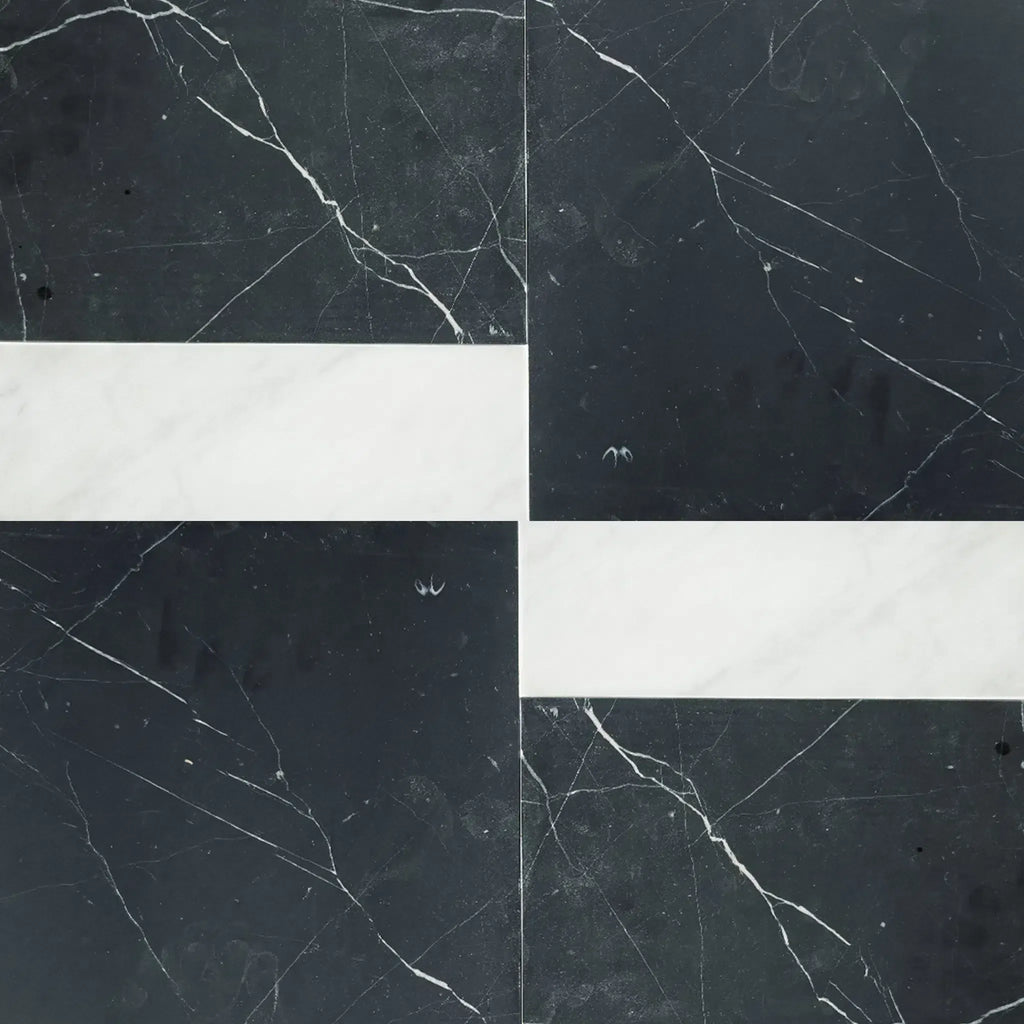 Black and white marble tile pattern in Bari in Nero Marquina and Carrara White set