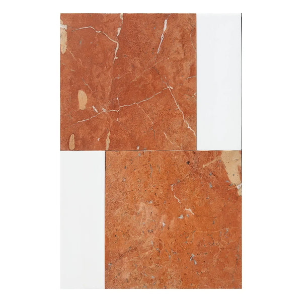 Red marble and white tile arrangement featuring Bari in Rojo Alicante and Bianco Dolomite set