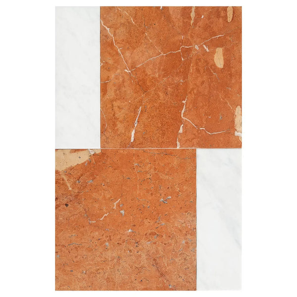 Orange and white marble tile pattern for Bari in Rojo Alicante 12X12 and Carrara White 4X12 Set