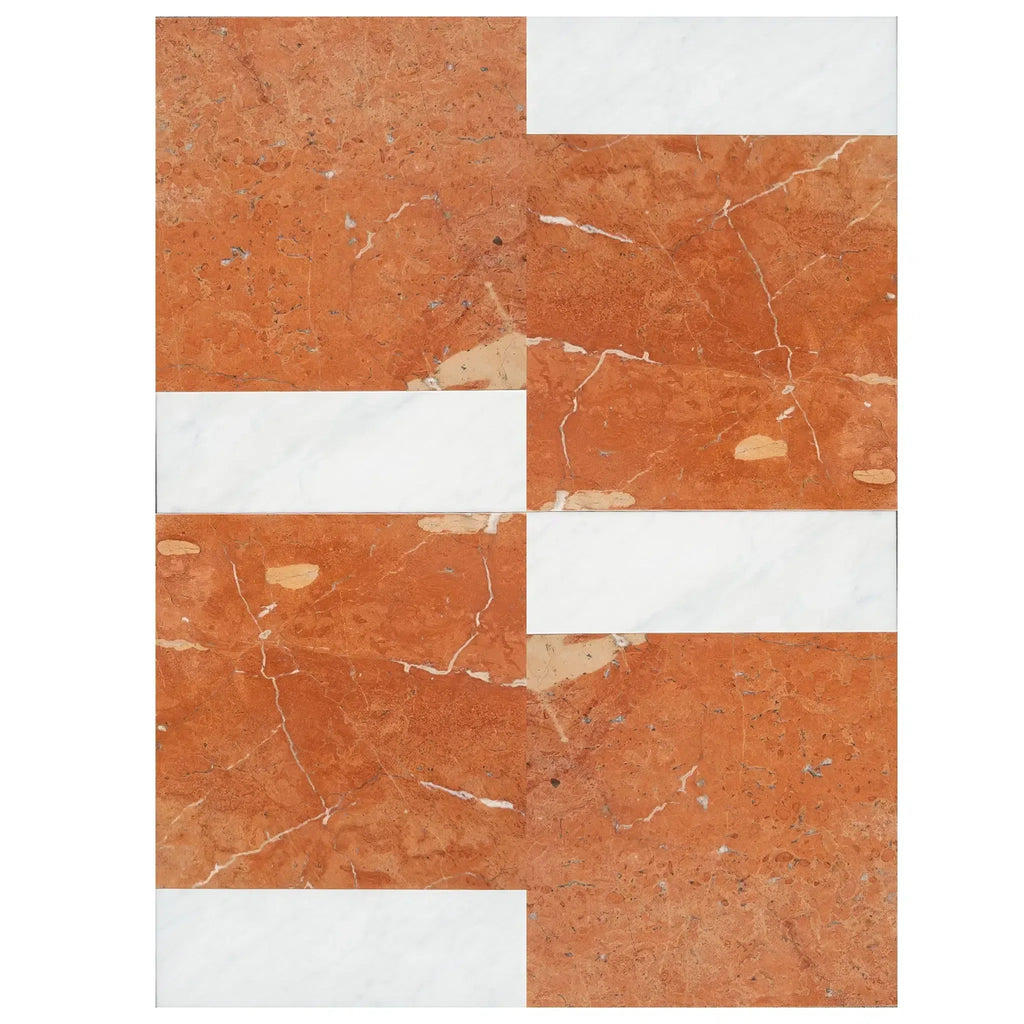 Orange marble tile with white accents from Bari in Rojo Alicante and Carrara White set