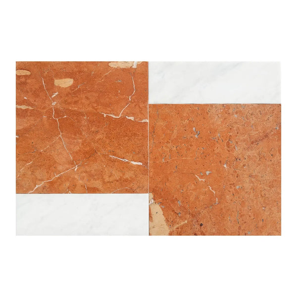 Orange and white marble tiles from Bari in Rojo Alicante 12X12 and Carrara White 4X12 Set