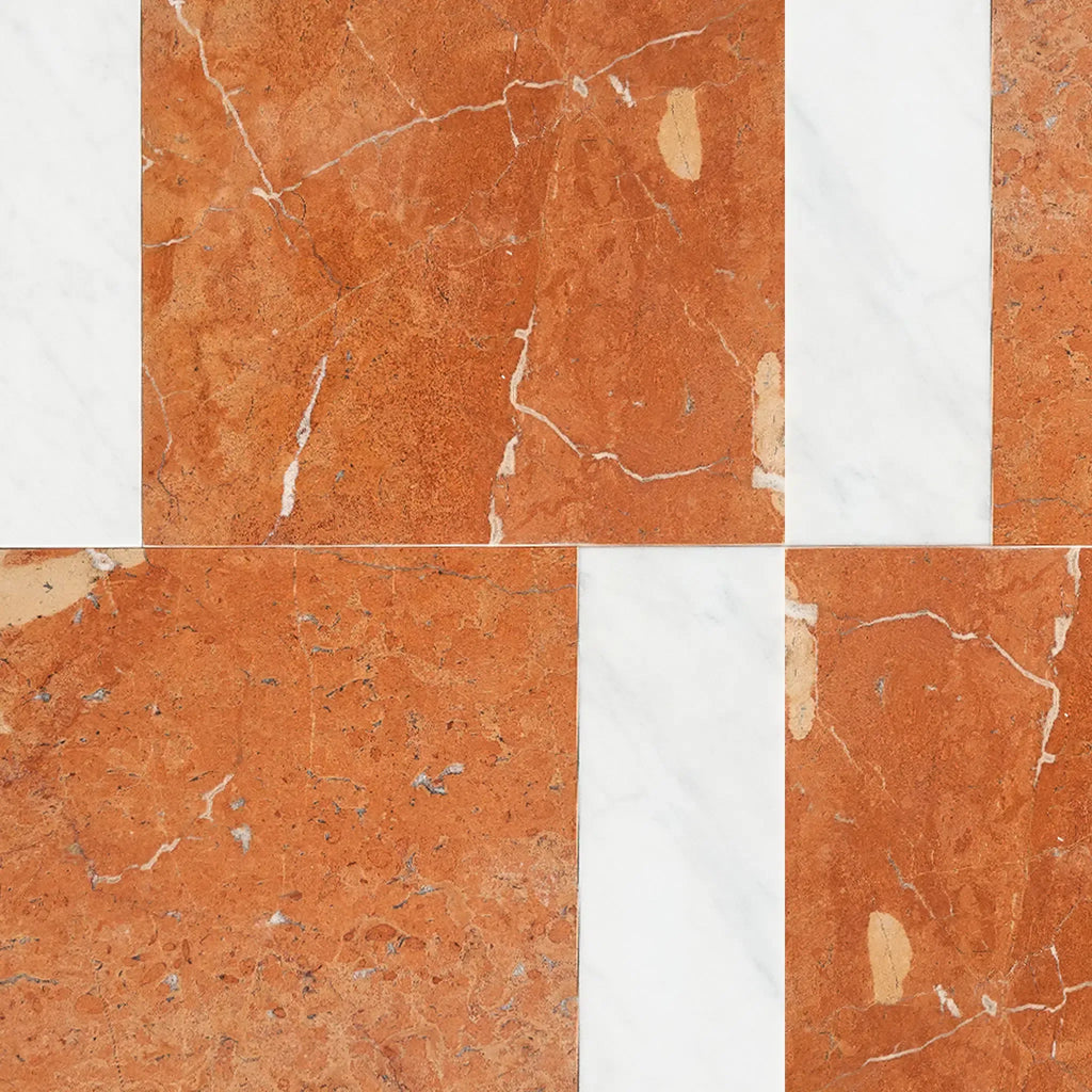 Orange and white marble tile pattern featuring Bari in Rojo Alicante and Carrara White