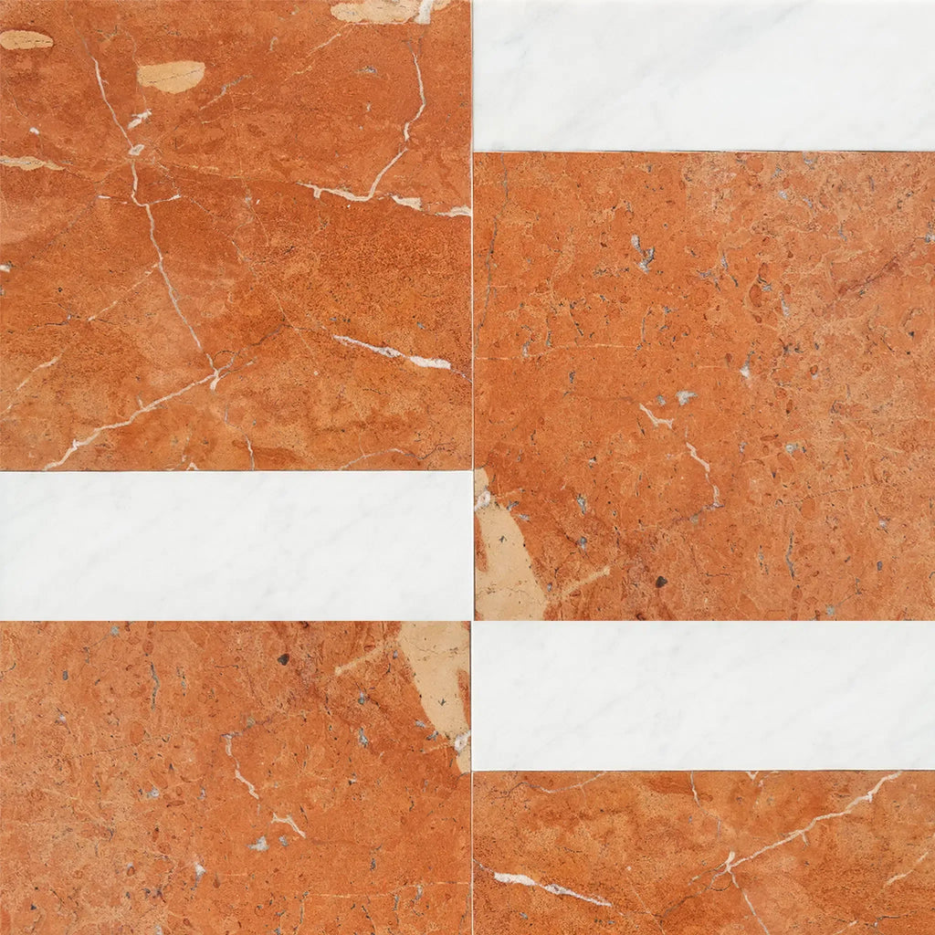 Red and white marble tile pattern in Bari in Rojo Alicante and Carrara White set