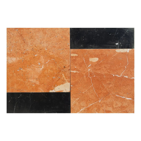 Orange and black marble tiles in Bari in Rojo Alicante 12X12 and Nero Marquina 4X12 Set