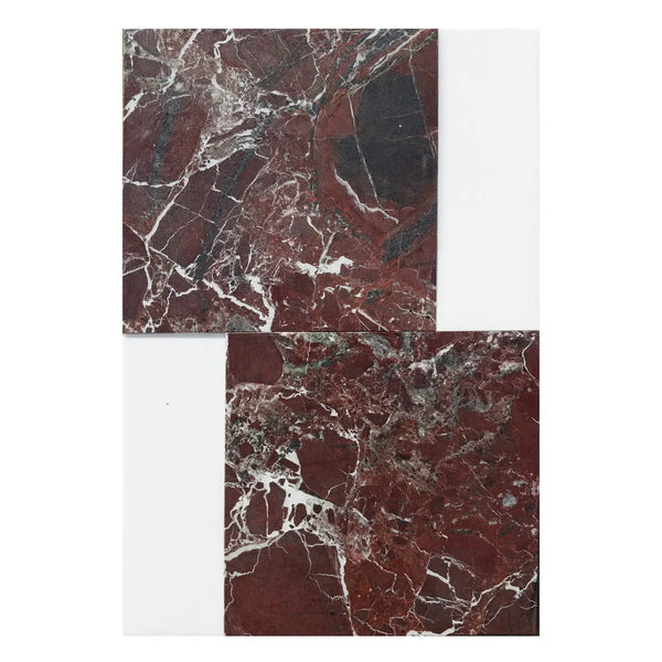 Two red marble tiles from Bari in Rosso Levanto 12X12 and Bianco Dolomite 4X12 Set