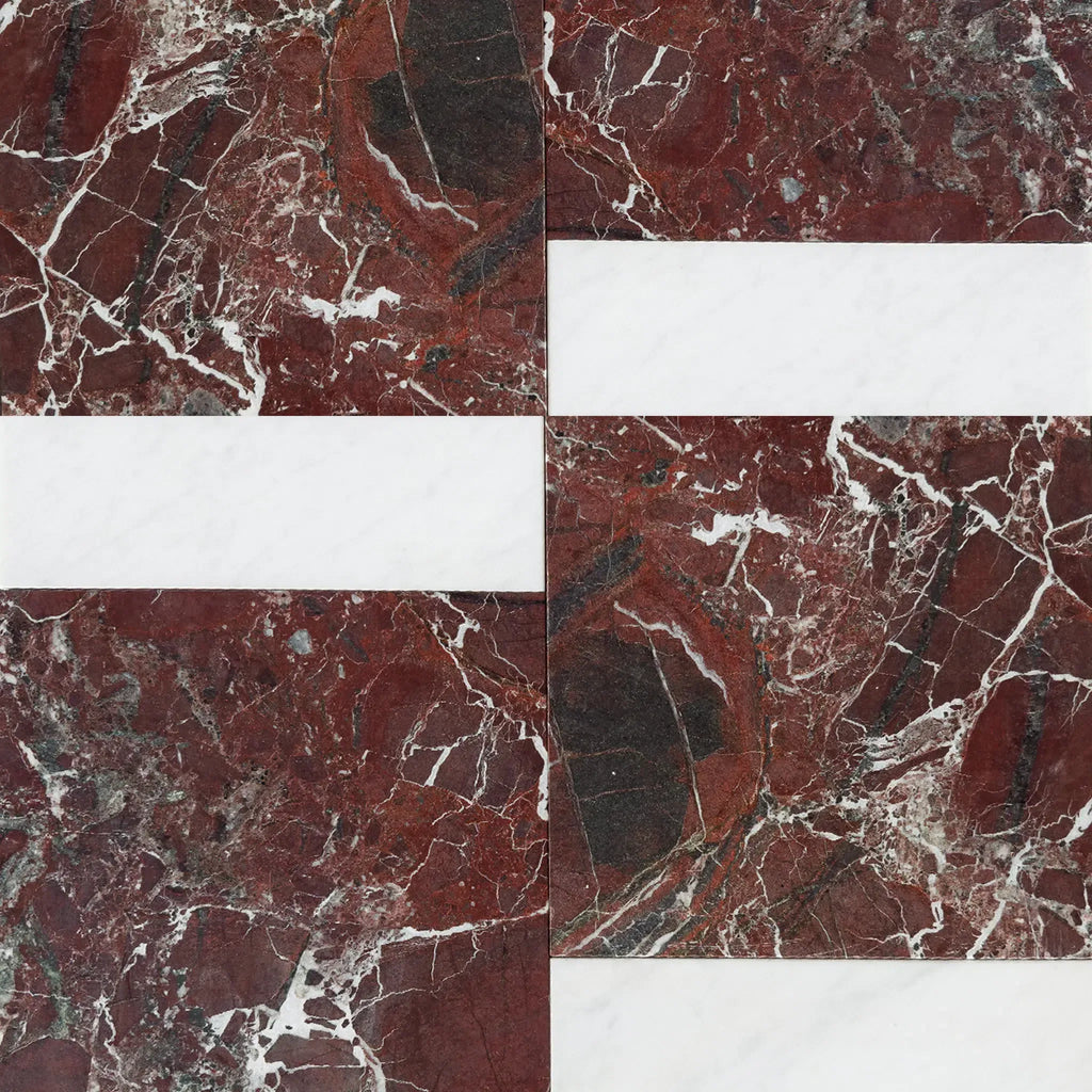 Red marble tile pattern featuring Bari in Rosso Levanto and Carrara White set