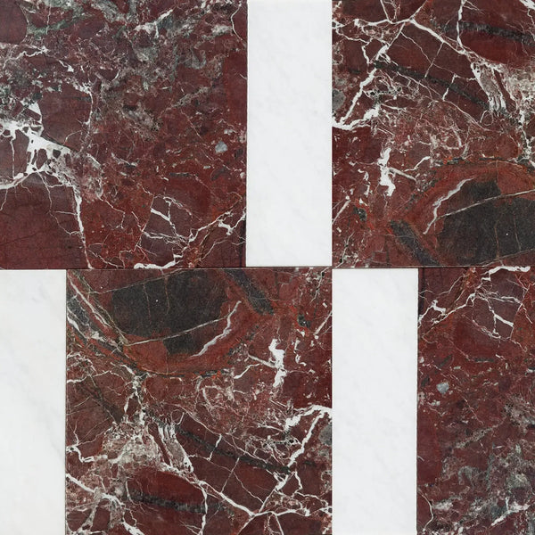 Red Marble Tile Pattern in Bari in Rosso Levanto 12X12 and Carrara White 4X12 Set