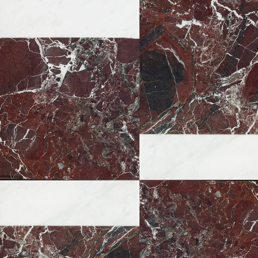 Red and white marble tile pattern from Bari in Rosso Levanto and Carrara White set