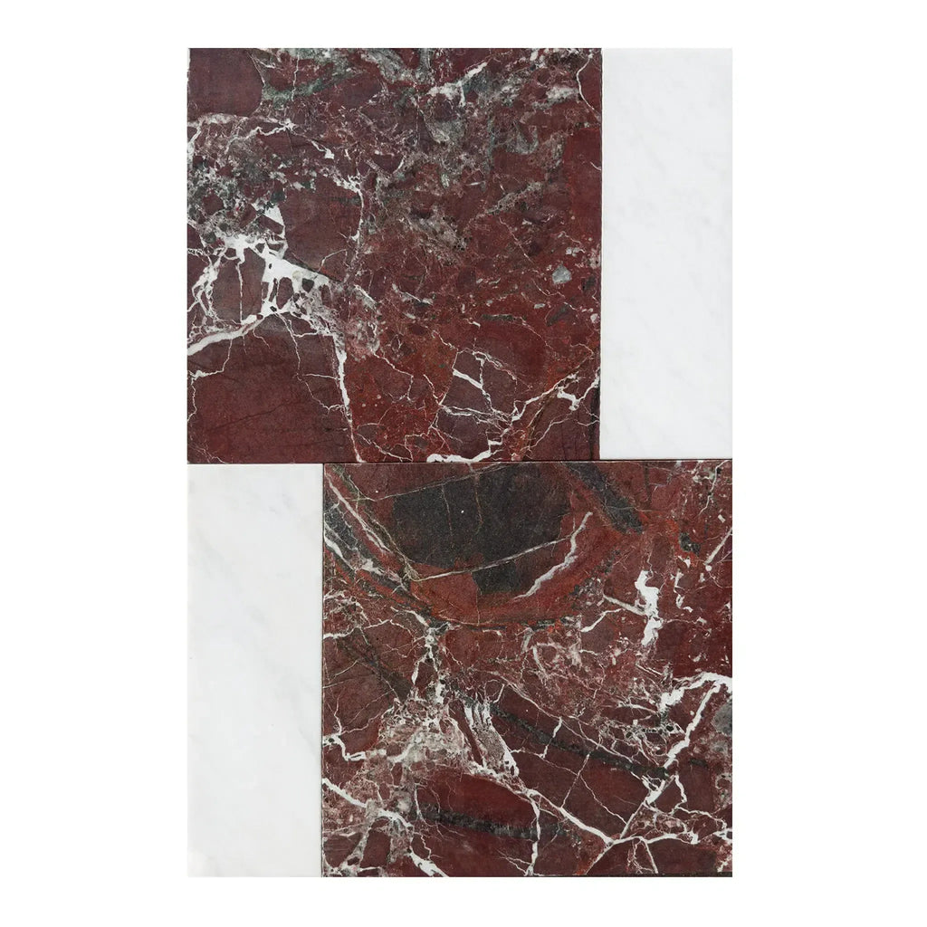 Red marble tile arrangement featuring Bari in Rosso Levanto and Carrara White set