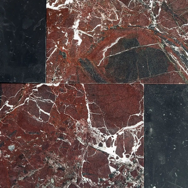 Polished marble tile arrangement of Bari in Rosso Levanto and Nero Marquina set