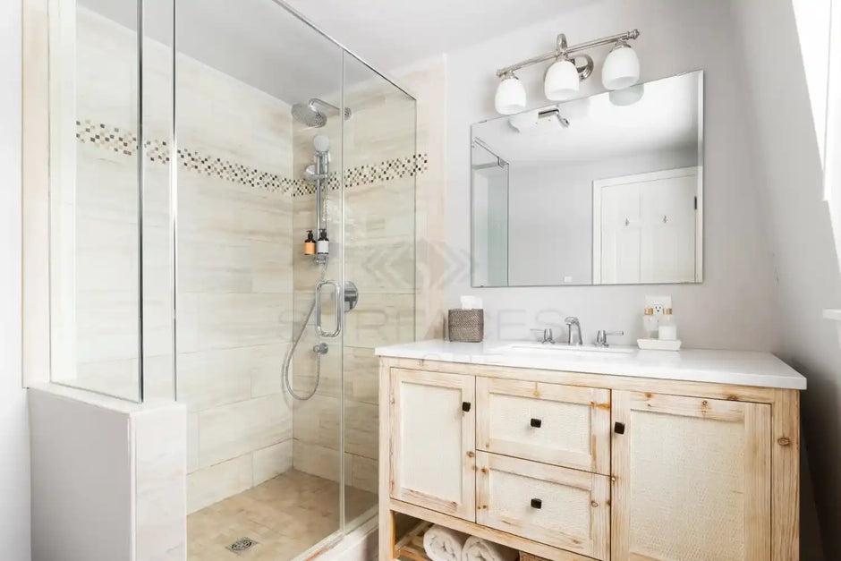 Modern bathroom with a glass-enclosed shower, light wood vanity with sink, large mirror, and overhead light fixture.