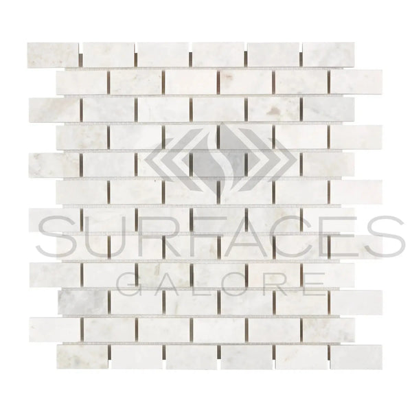 White marble mosaic tile sheet featuring Bianco Congelato 1X2 Brick Mosaic Dolomite Leathered