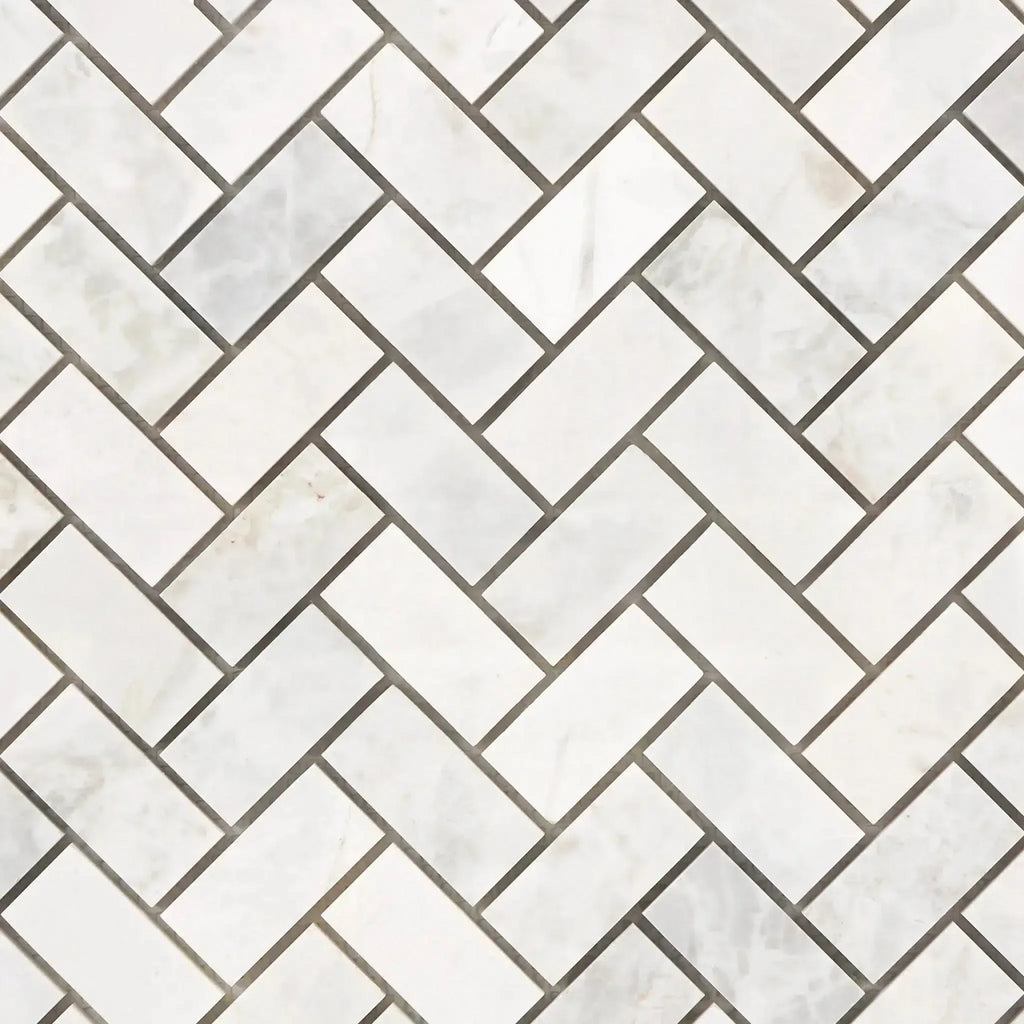 Bianco Congelato 1X2 Herringbone Mosaic Dolomite Leathered tile pattern display