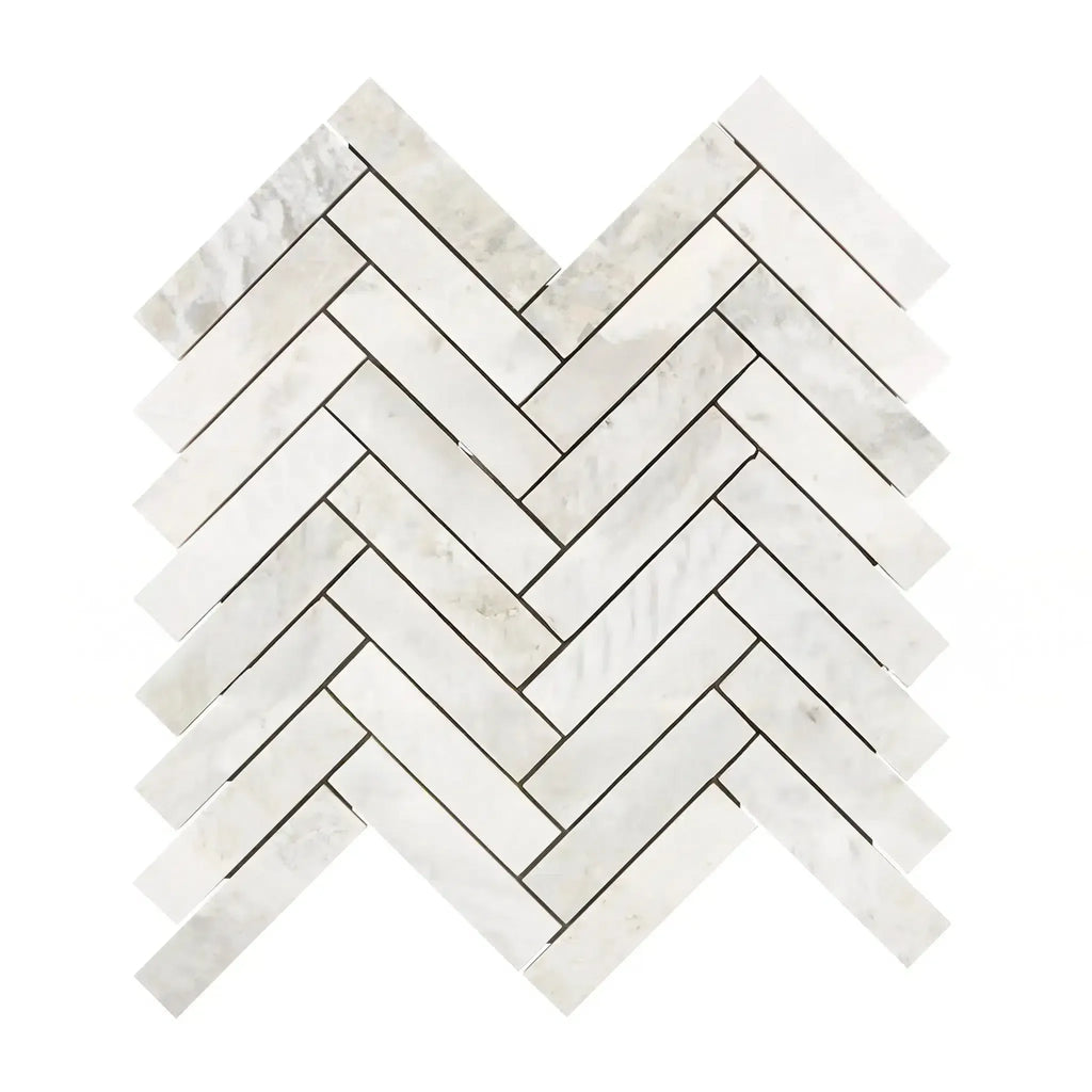 Herringbone marble tile pattern in Bianco Congelato 1X4 Herringbone Mosaic Dolomite Leathered