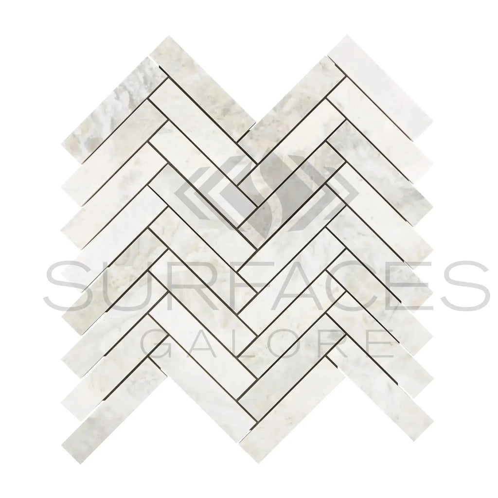 Herringbone patterned tile mosaic in Bianco Congelato 1X4 Dolomite Leathered design