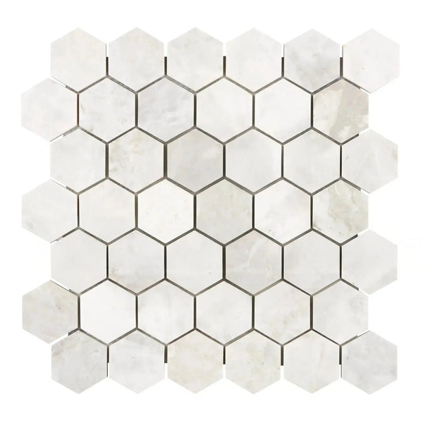 White hexagon tile mosaic of Bianco Congelato 2 inch Dolomite Leathered