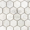 White hexagon tile pattern of Bianco Congelato 2 inch Hexagon Mosaic Dolomite Leathered