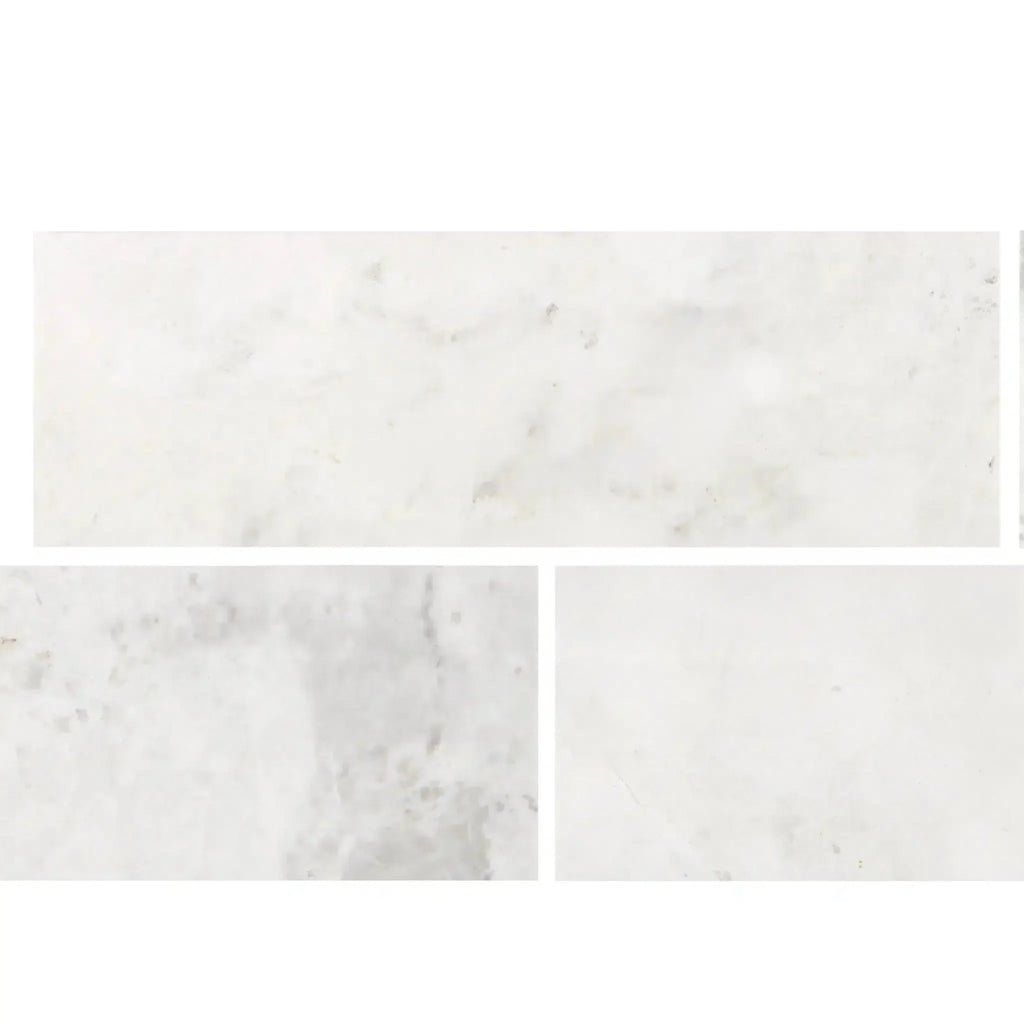 White marble tiles in Bianco Congelato 2X8 Dolomite Leathered finish for elegant flooring