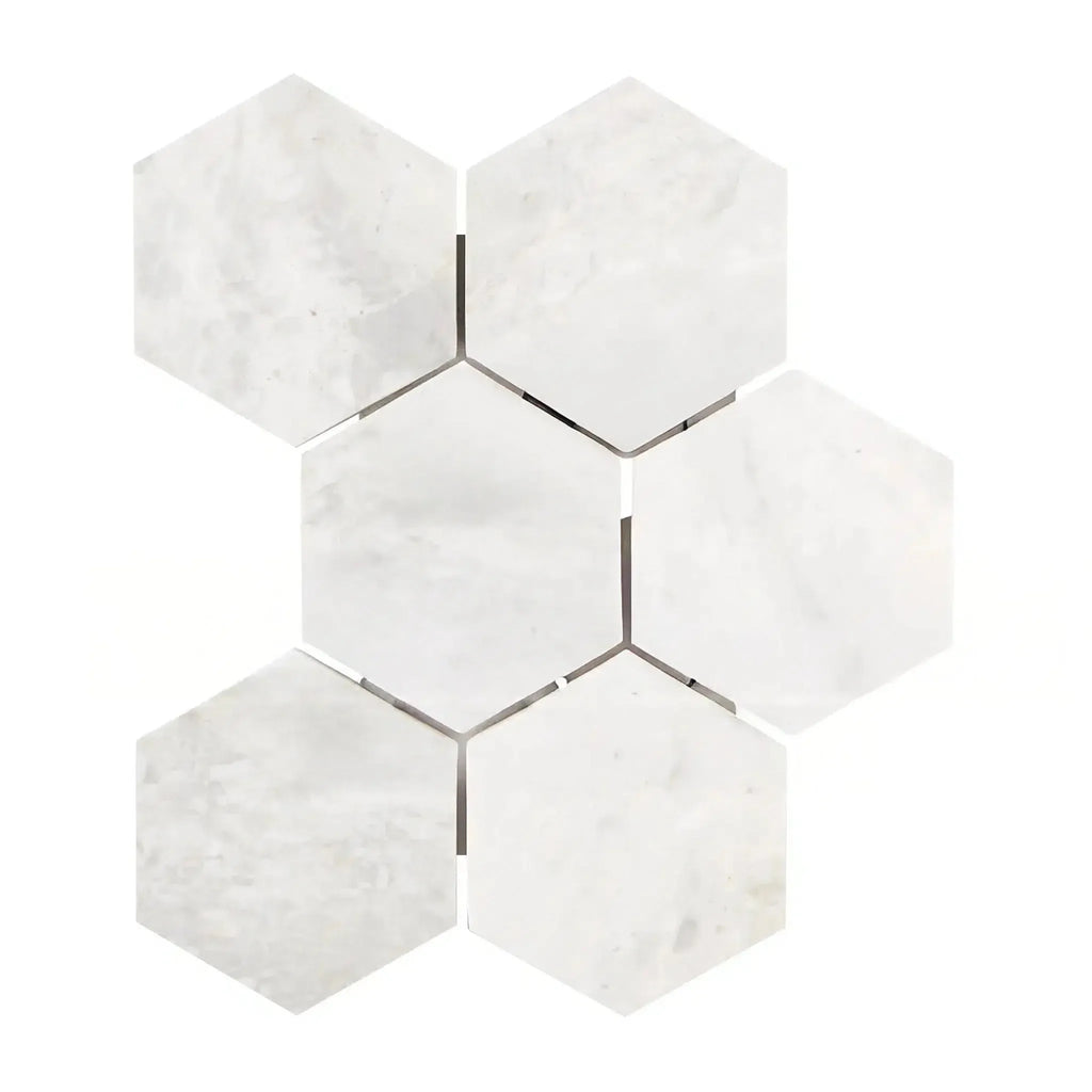 White marble hexagon tiles from Bianco Congelato 4 inch Hexagon Mosaic Dolomite Leathered