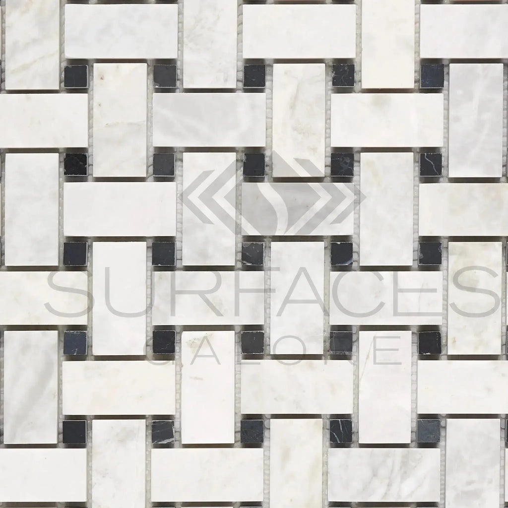 Woven pattern of Bianco Congelato Basketweave with Black Mosaic Dolomite leathered tiles