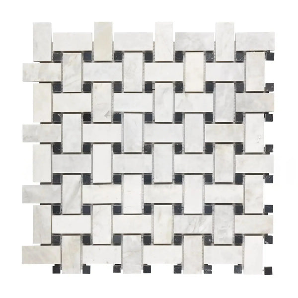 Woven white and black mosaic tile in Bianco Congelato Basketweave w/Black Mosaic Dolomite Leathered