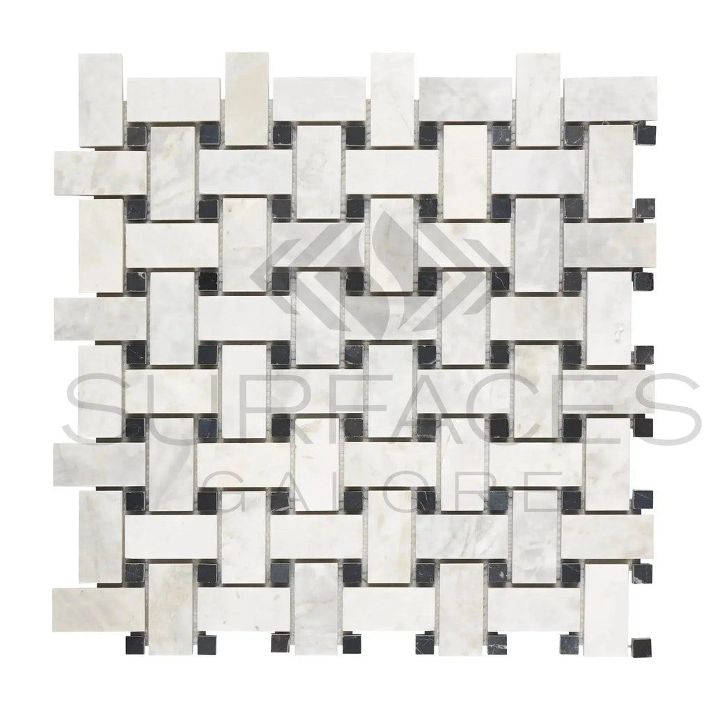 Woven pattern of Bianco Congelato Basketweave with Black Mosaic Dolomite tiles