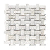 Woven white marble tile in Bianco Congelato Basketweave with Blue-Gray Mosaic Dolomite