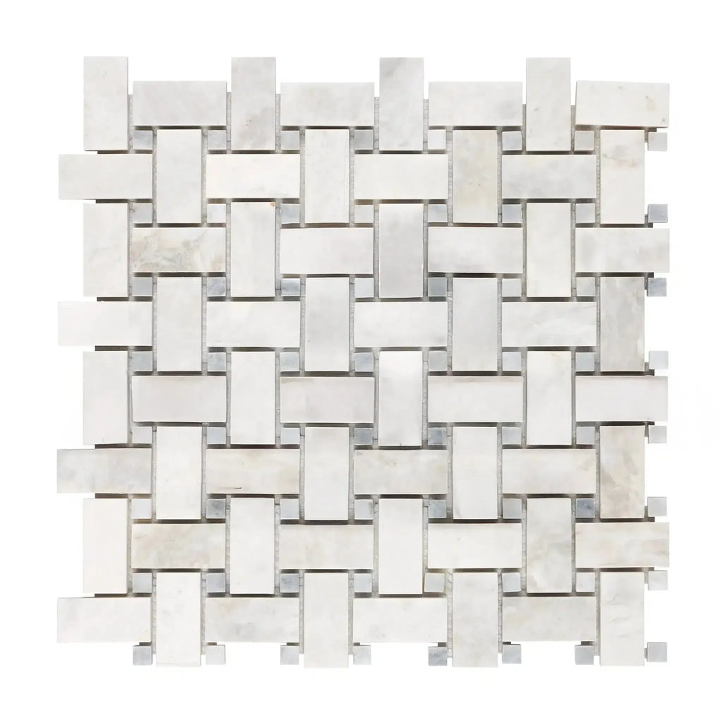 Woven white marble tile in Bianco Congelato Basketweave with Blue-Gray Mosaic Dolomite