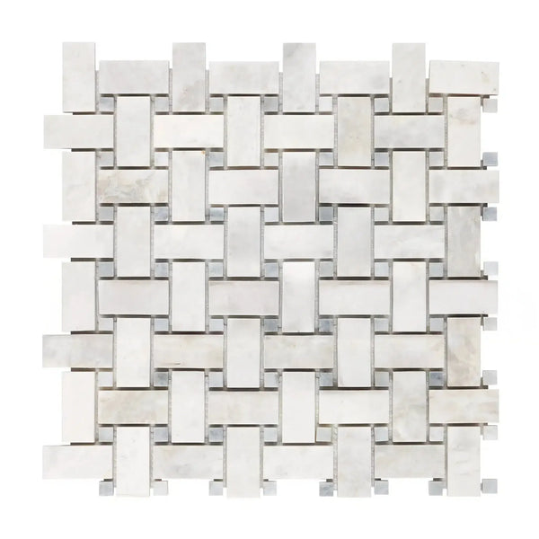 Woven white marble tile in Bianco Congelato Basketweave with Blue-Gray Mosaic Dolomite