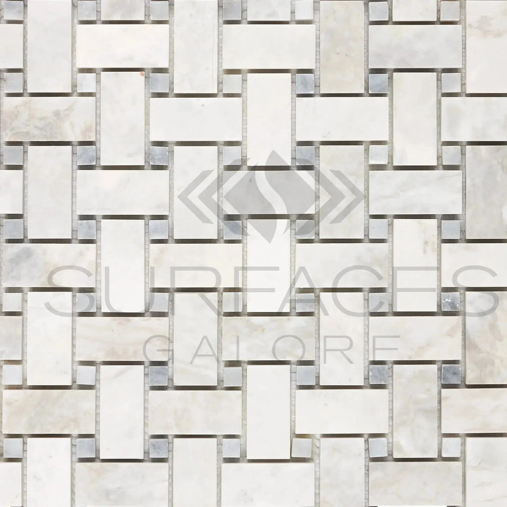 White and gray basketweave tile from Bianco Congelato with blue-gray mosaic dolomite