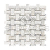 Woven pattern of Bianco Congelato Basketweave white marble tiles with blue-gray accents