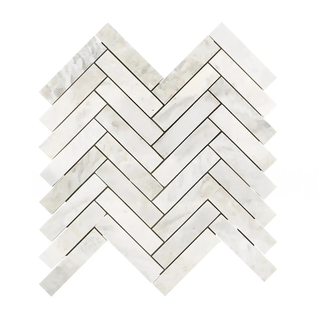 Bianco Congelato Chevron 1X4 Mosaic Dolomite Leathered in White Marble Herringbone Tile