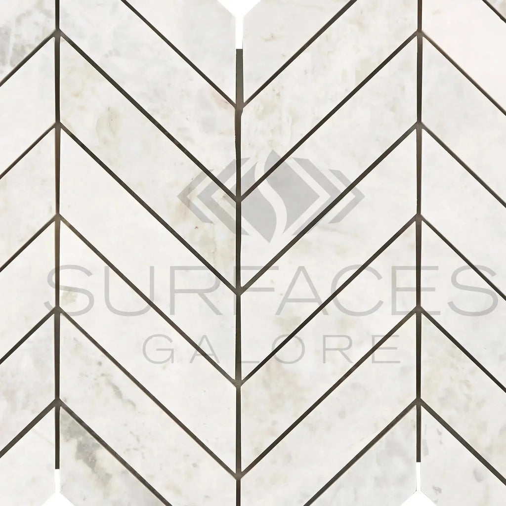 Bianco Congelato Chevron 1X4 Mosaic Dolomite Leathered marble tile in chevron pattern