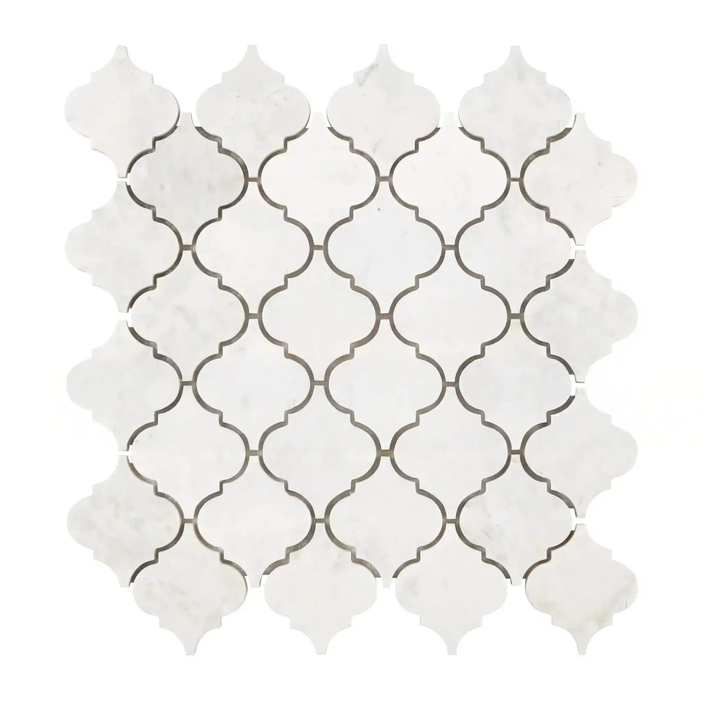 White Arabesque marble mosaic tile in Bianco Congelato Lantern 3 inch design