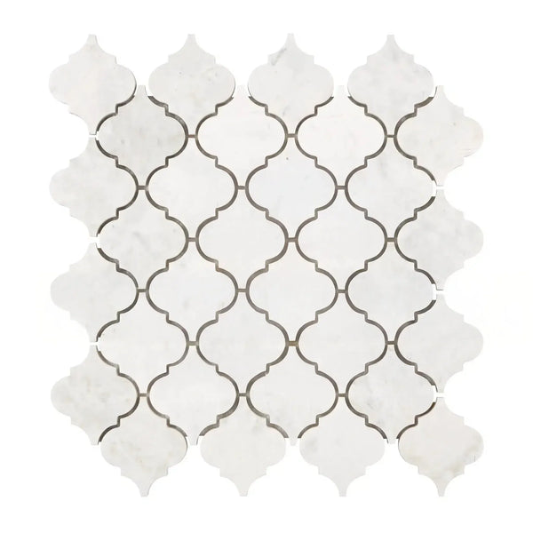 White Arabesque marble mosaic tile in Bianco Congelato Lantern 3 inch design