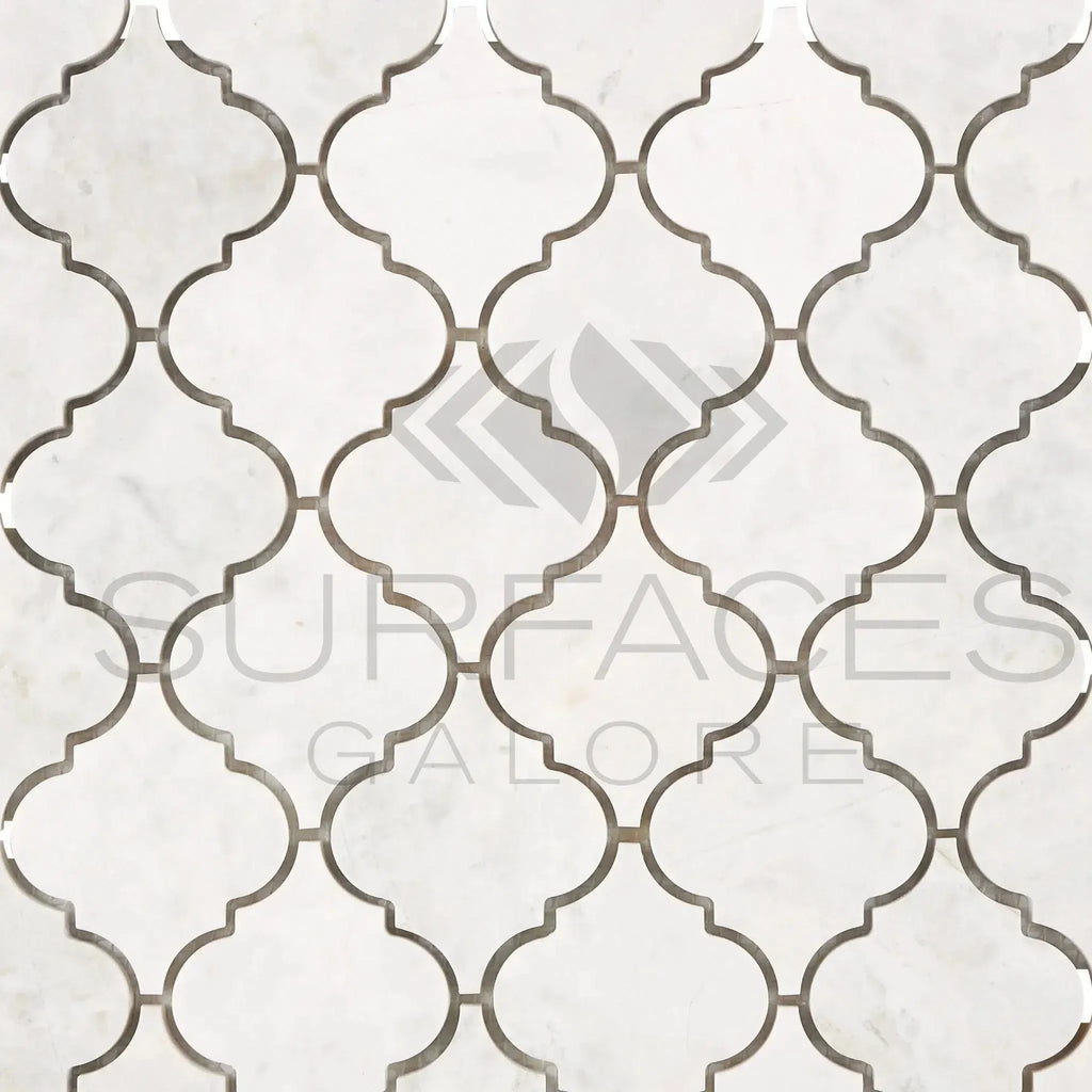 White marble arabesque tile pattern in Bianco Congelato Lantern Mosaic Dolomite