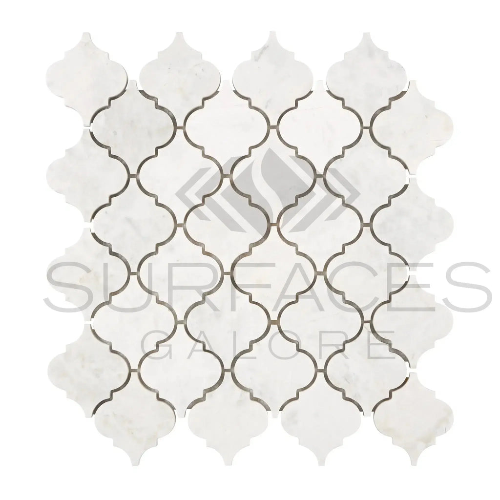 White marble arabesque tile mosaic in Bianco Congelato Lantern design