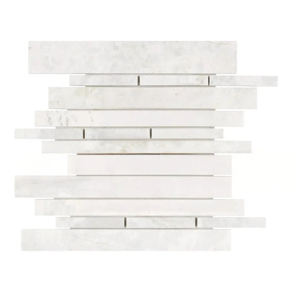 White marble mosaic tile from Bianco Congelato Manhattan Random-Strip Mosaic Dolomite Leathered