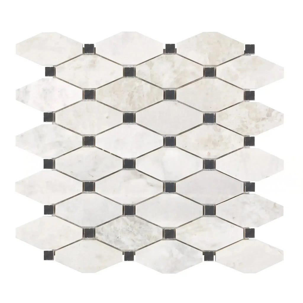 Mosaic tile sheet featuring diamond and square shapes in Bianco Congelato Octave design