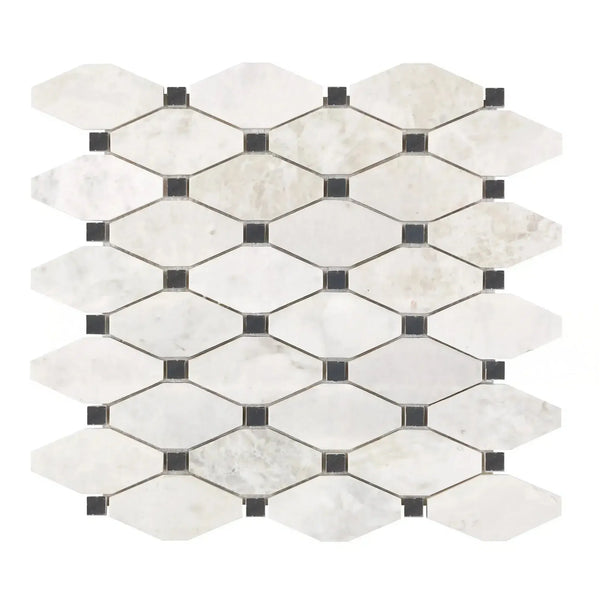 Mosaic tile sheet featuring diamond and square shapes in Bianco Congelato Octave design