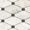 Geometric marble tile pattern in Bianco Congelato Octave and Black Mosaic Dolomite Leathered