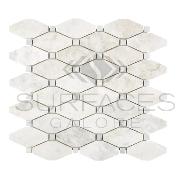 White marble mosaic tile sheet in Bianco Congelato Octave design with blue-gray accents