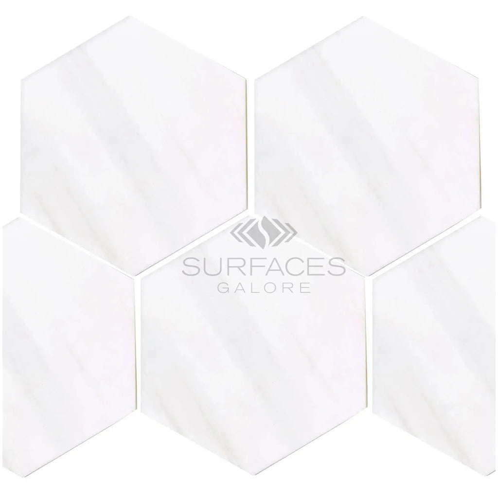 White hexagonal tiles in Bianco Dolomite 10 inch hexagon mosaic marble polished or honed