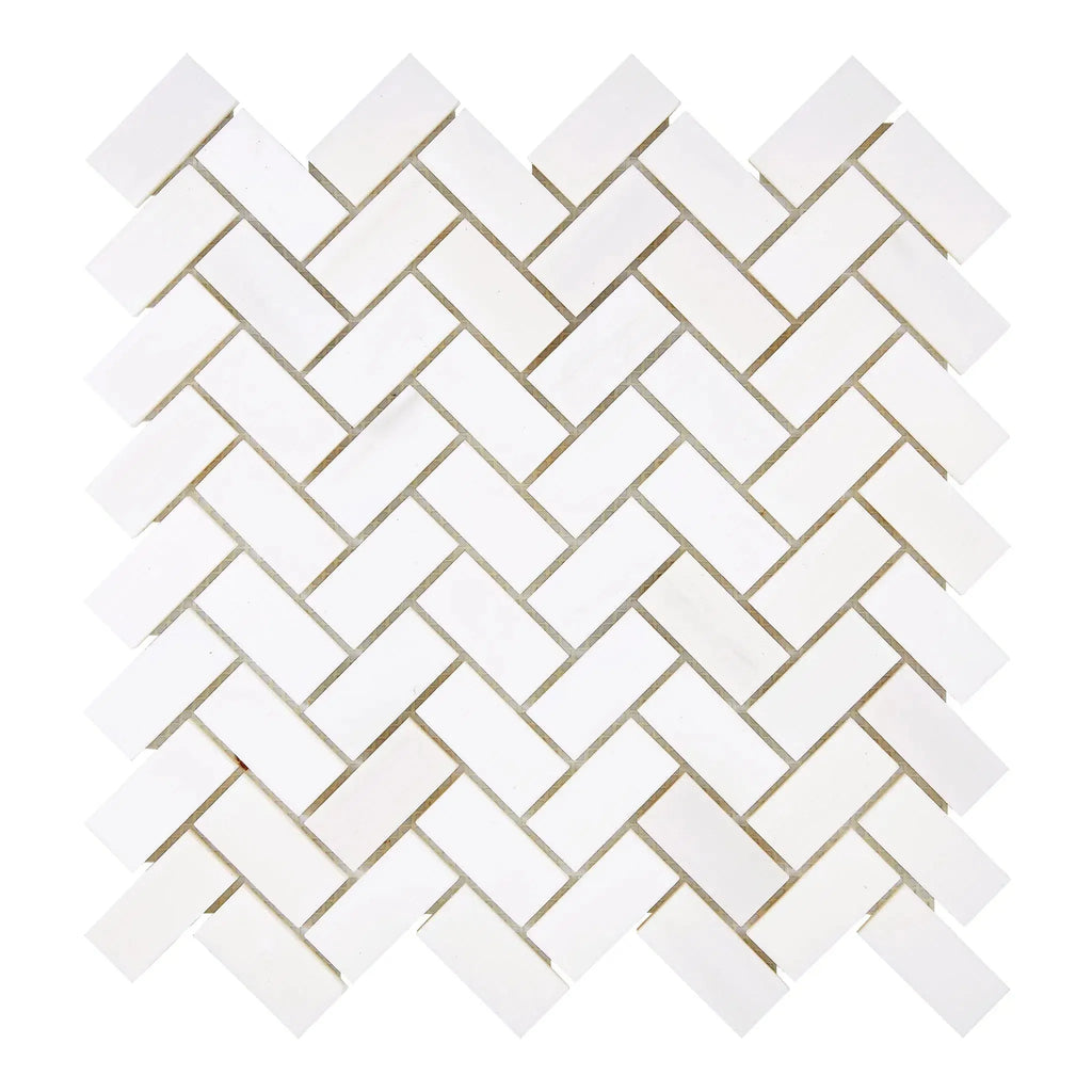 White Herringbone tile mosaic featuring Bianco Dolomite polished marble design