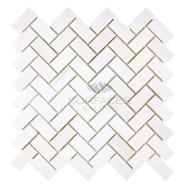 White herringbone tile pattern of Bianco Dolomite 1X2 Mosaic Marble Honed