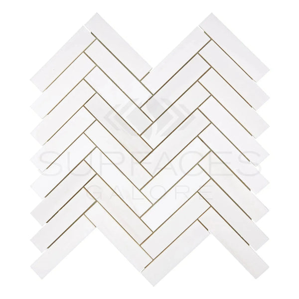 White herringbone tile pattern in Bianco Dolomite 1X4 Mosaic Marble Polished or Honed