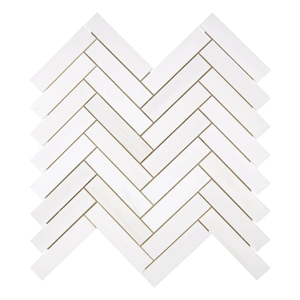 White herringbone tile pattern of Bianco Dolomite 1X4 Herringbone Mosaic Marble