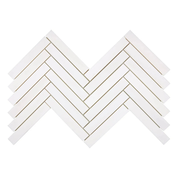 White herringbone tile pattern of Bianco Dolomite 1X6 Mosaic Marble Polished or Honed